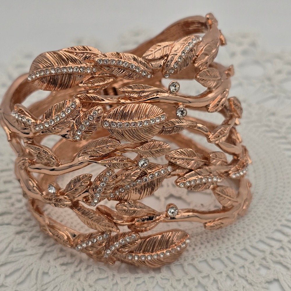 Rose Gold Tone Leaf Vine Rhinestone Hinge Cuff Bracelet Statement Jewelry